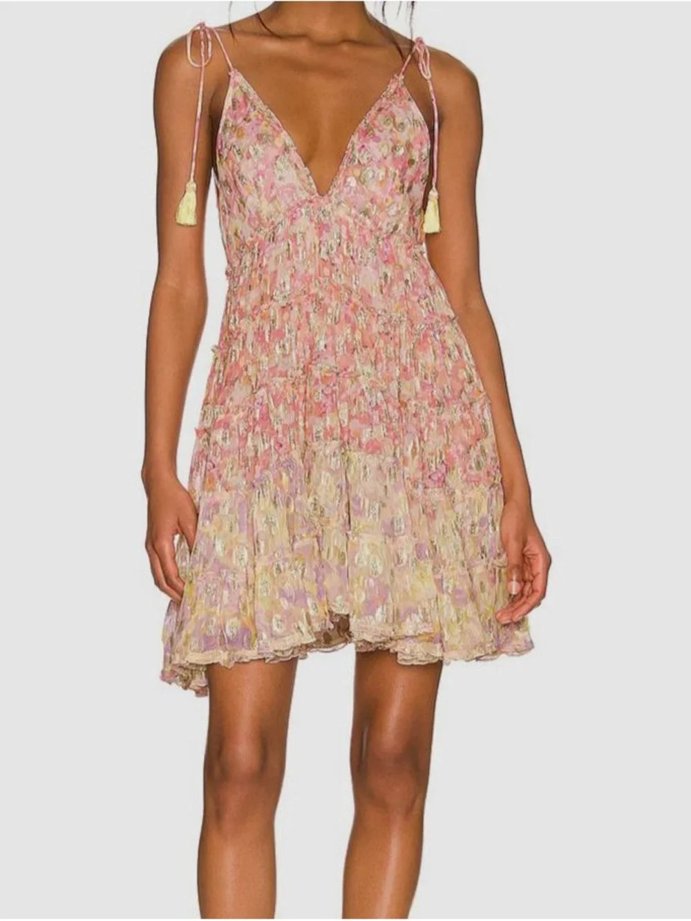 Pink Shimmer Floral Tie-Shoulder Sundress with Yellow Tassels